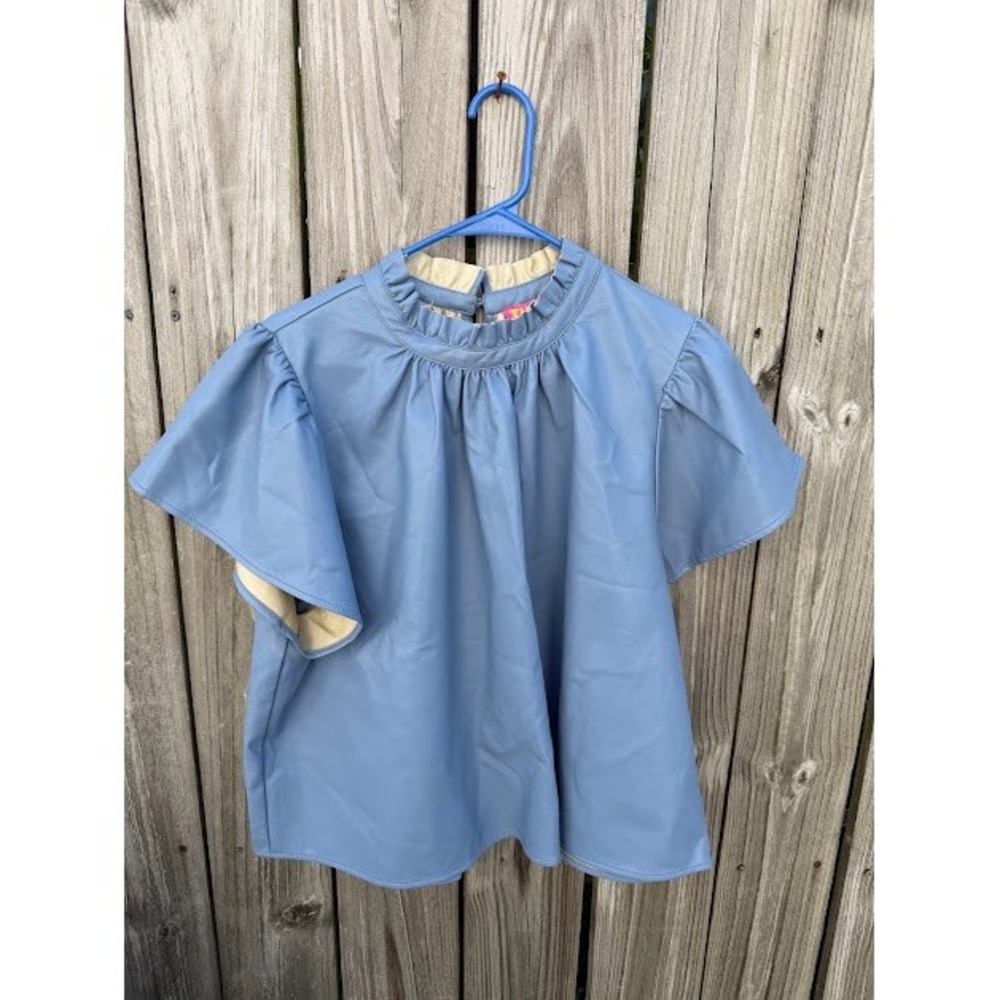 Faux Leather Vegan Chic THML Flutter Sleeve Top L Blue Ruffle Mock WCT2108-1
